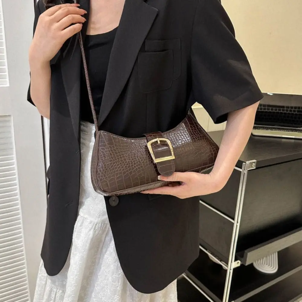 

Vintage Half-moon Underarm Bag Large Capacity Stone Pattern PU Leather Shoulder Bag French Style Handbag Rectangle Armpit Bag