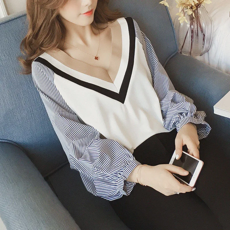 Spring Autumn New Striped Contrast Color Long Sleeve T-Shirts Women High Street Casual Loose Elegant Chic All-match Pullovers