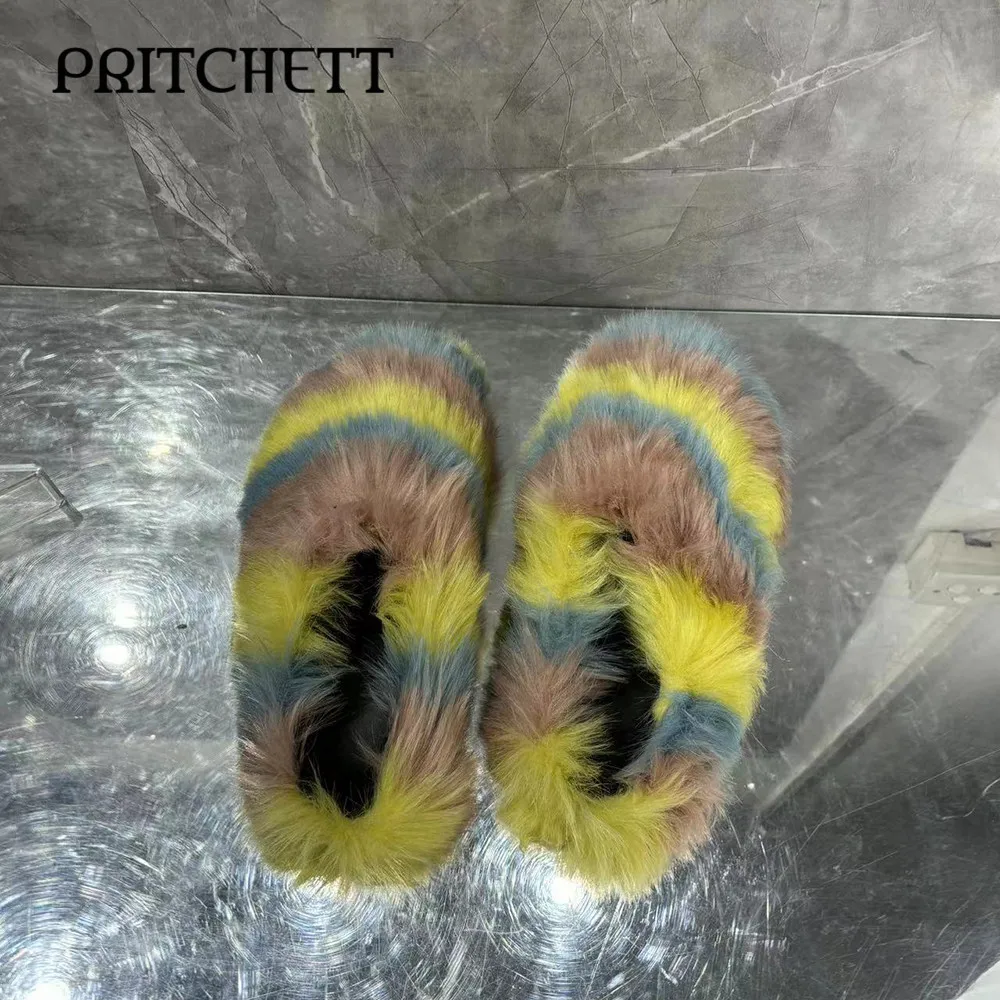Colorful Fur Slippers with Round Toe and Hollow Back Warm and Comfortable Slippers Daily Casual Large Size Women's Shoes