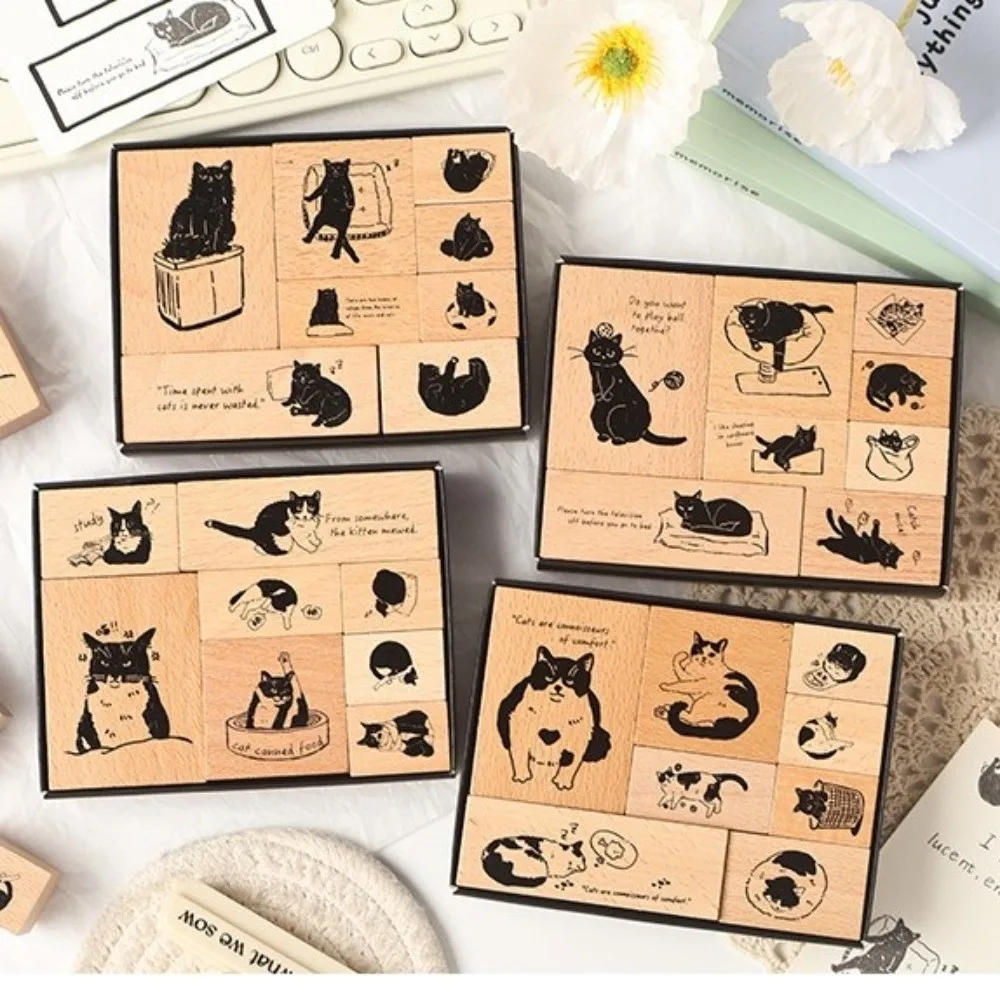8개입 신형 나무 스탬프 세트 DIY 공예 만화 고양이 손으로 조각한 스탬프 문구류 스크랩북 스탬프 어린이용