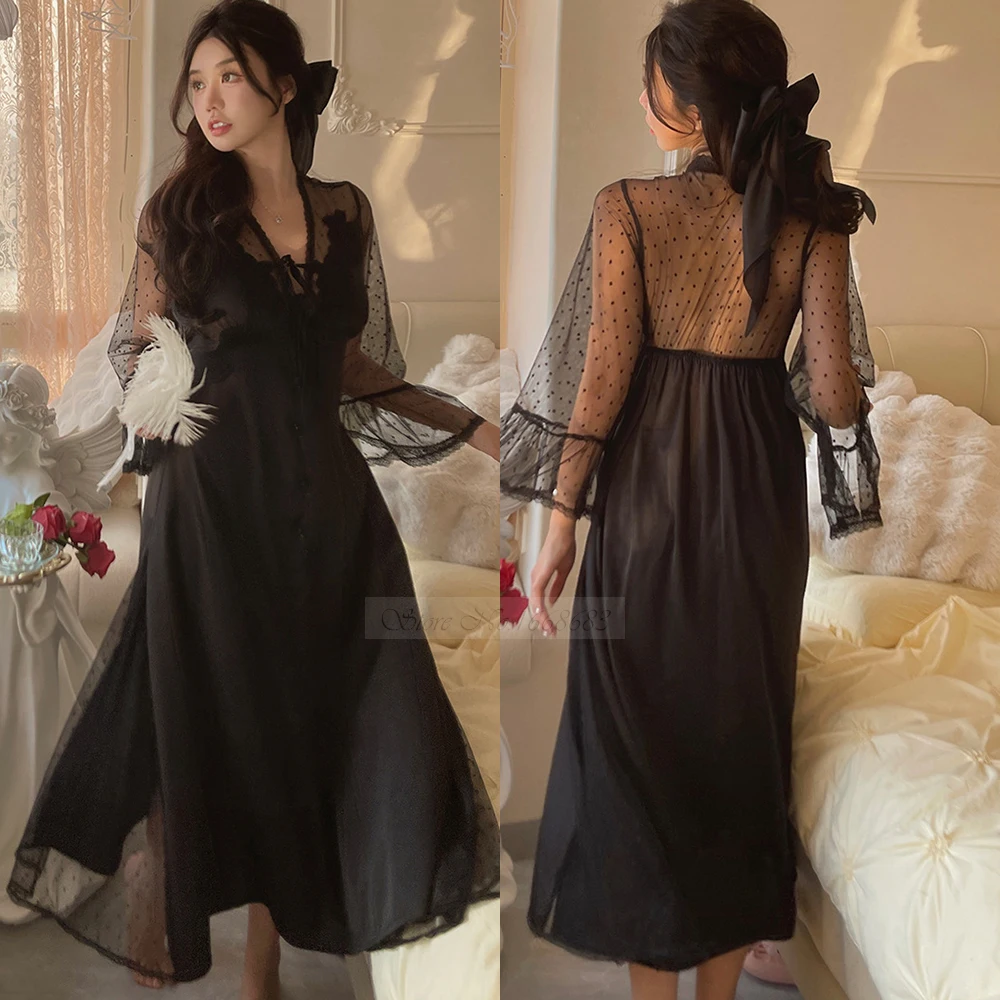 Sexy Perspective Lace Long Nightgown Wedding Morning Robe Palace Style Nightdress Sleepwear Women Loose Satin Home Dressing Gown