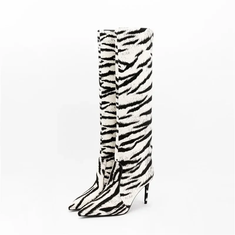 

2024 New Large Women's Knee High Boots Winter Splash Color Short Plush Fashion Zebra Pointed High Heels 21 Color Leather Boots