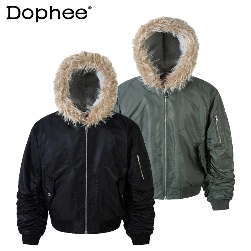 

Men's 2025 Winter New Thickened Warm Zipper Hooded Jackets Trendy Faux Fur Collar Splicing Chic Parkas Solid Color Comfort Coats