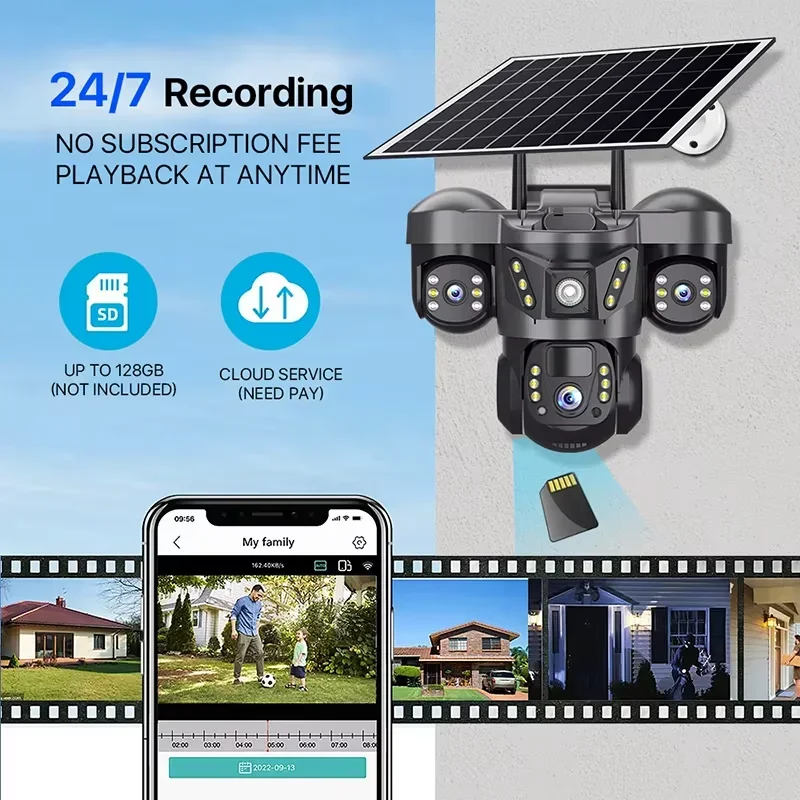 V380 Pro  Wireless WiFi Solar Camera Three Lens Three Screen Human Detection 4G Sim Card Solar CCTV IP Camera