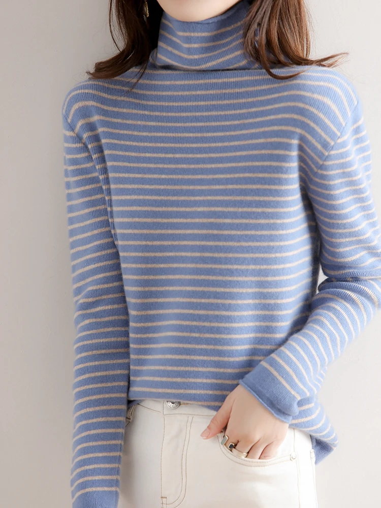 Striped Turtleneck Sweater for Women Autumn and Winter 2024 New Western Style Top Pile Collar Thickened Inner Wear Wool Sweater