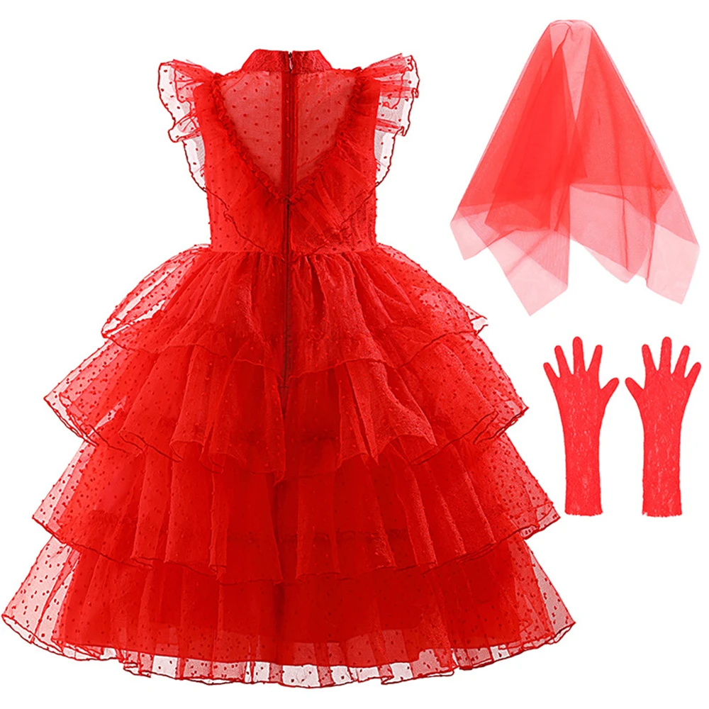 Halloween New Girls Lydia Costume Teen Girl Gothic Red Lace Tulle Wedding Dresses Christmas Carnival Party Layered Gowns Wig