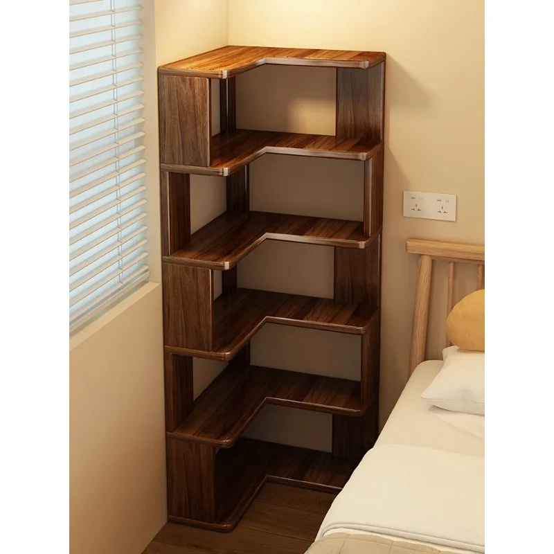 All solid wood bookshelves floor-to-ceiling shelves corner ornaments and figurines of vintage books