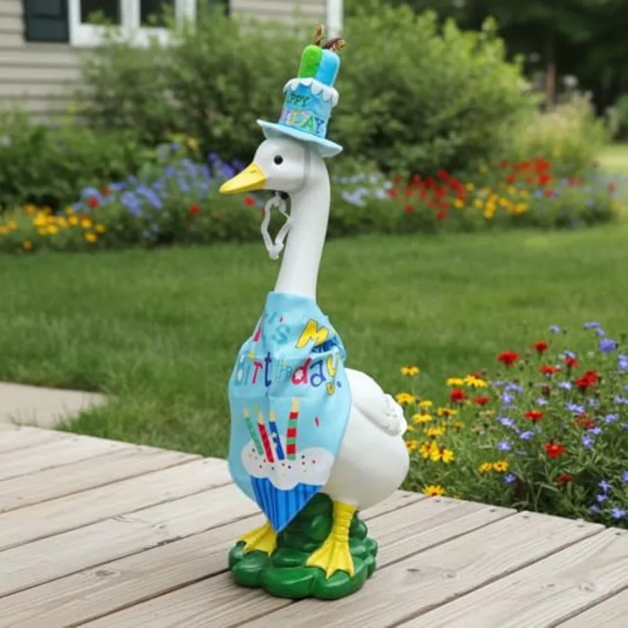 

Porch goose statue for outdoor/indoor use resin material white color wear customizable birthday clothes 20-inch tall garden dec
