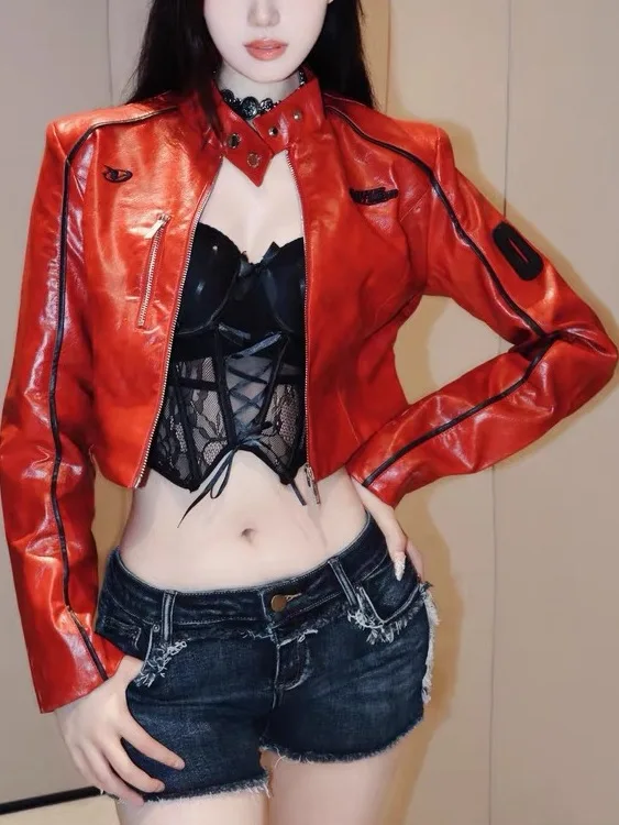 

PU Women's Retro American Stand Collar Red Leather Jacket Autumn Temperament Ins Jacket Clothes Y2k Punk Coat Tops