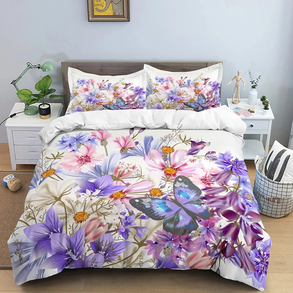 Butterfly Flowers Duvet Cover Twin Queen Size Garden Botanical Floral Bedding Set Pastoral Countryside Style Comforter Cover Set