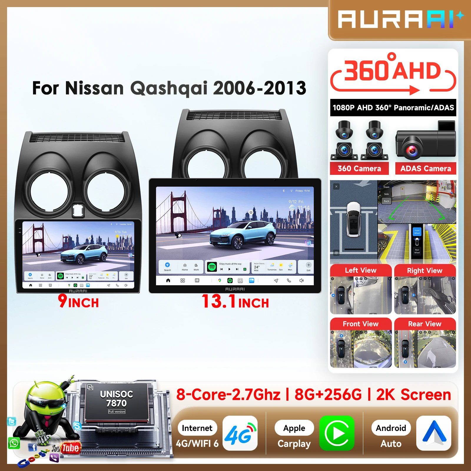 AURAAI Android Autoradio Autoradio Per Nissan Qashqai J10 2006 - 2013 Carplay multimediale 3D + 2K Schermo 8G 256G GPS 360 Stereo