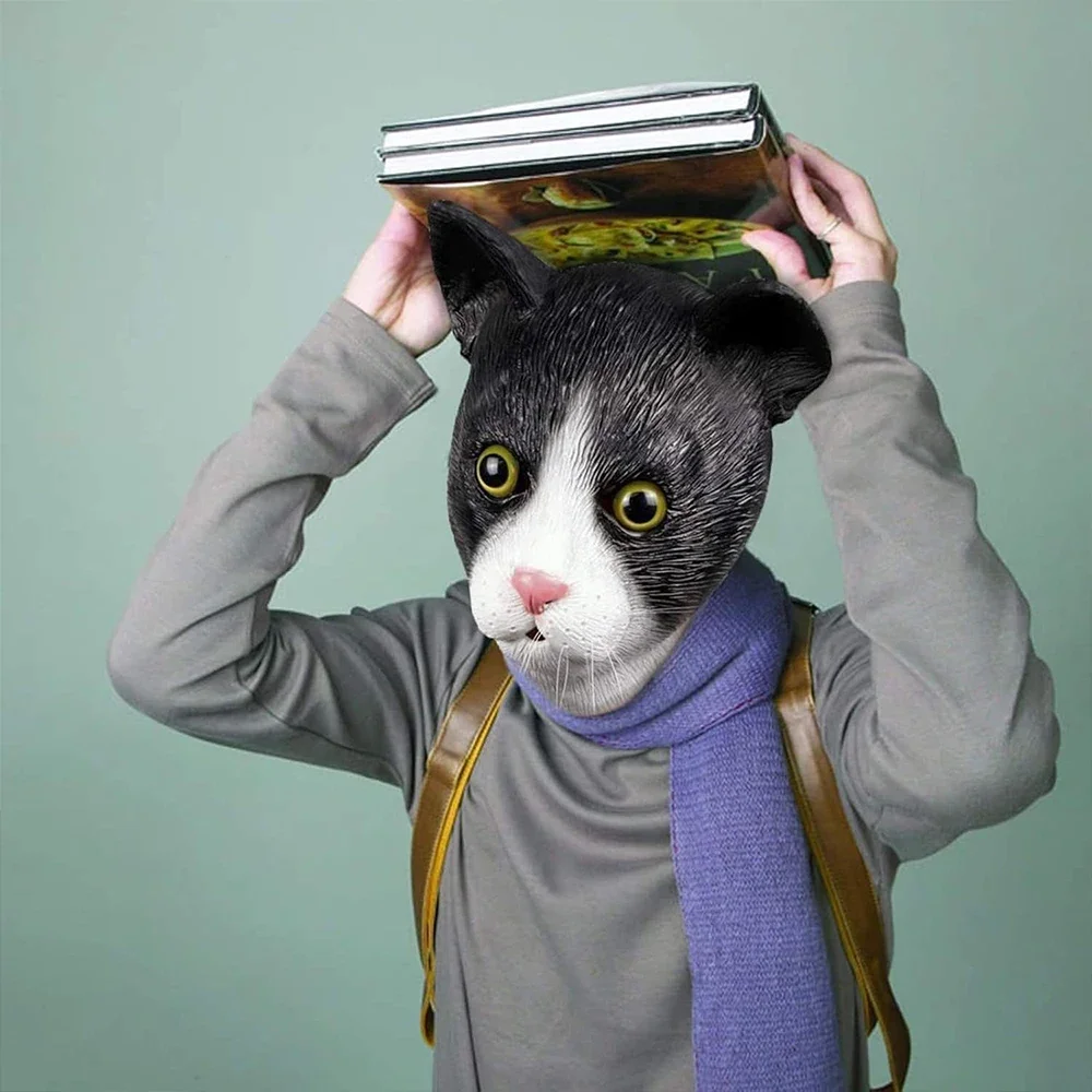 Máscara de gato de Halloween, cubierta divertida para cabeza de Animal, cara completa de látex, accesorio de fiesta, casco de burro y caballo, disfraz para adulto para hombres