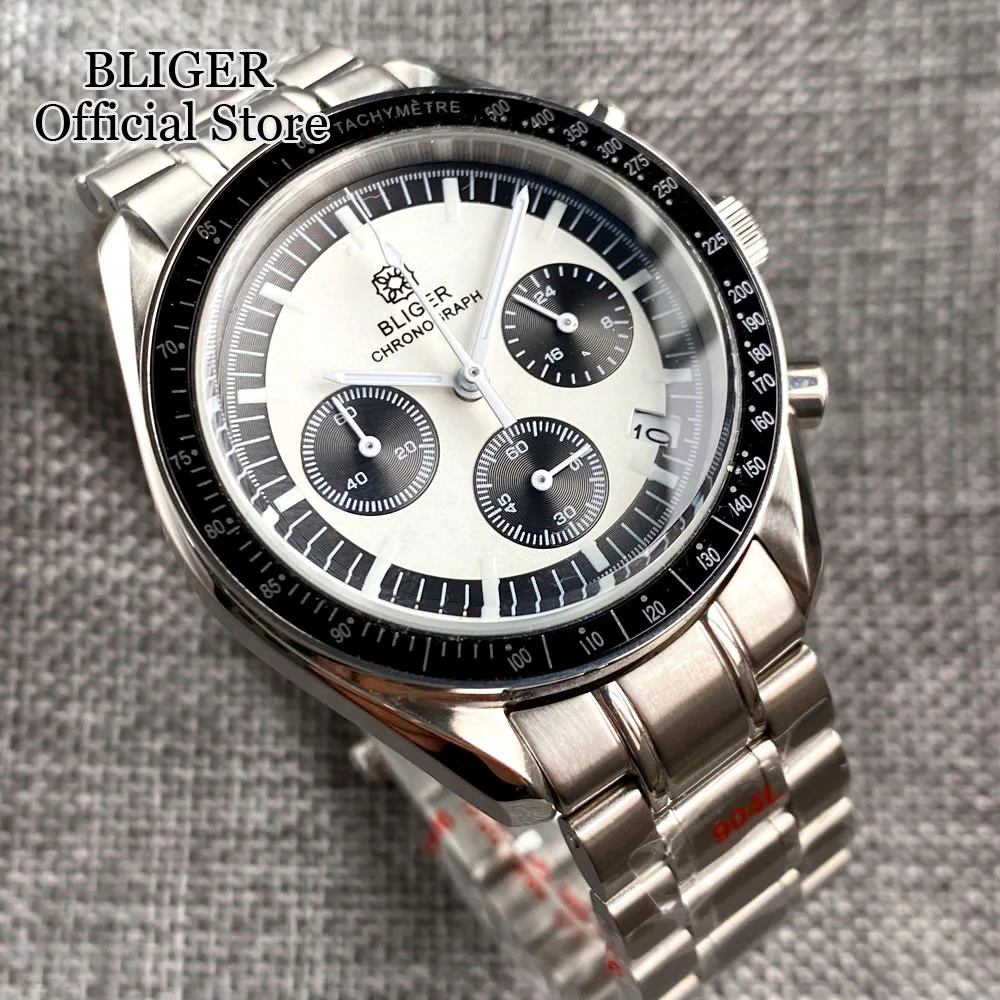 BLIGER Quartz 40mm Chronograph Multifunction Watch Men VK63 Movement Black White Dial Stainless Steel Strap Montre homme