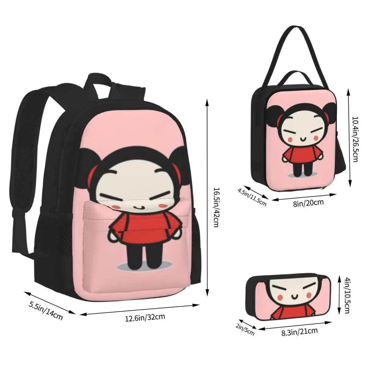 Cute Pucca Backpacks Boys Girls Bookbag Children School Bags Cartoon Kids Rucksack Lunch Bag Pen Bag Three-Piece Set