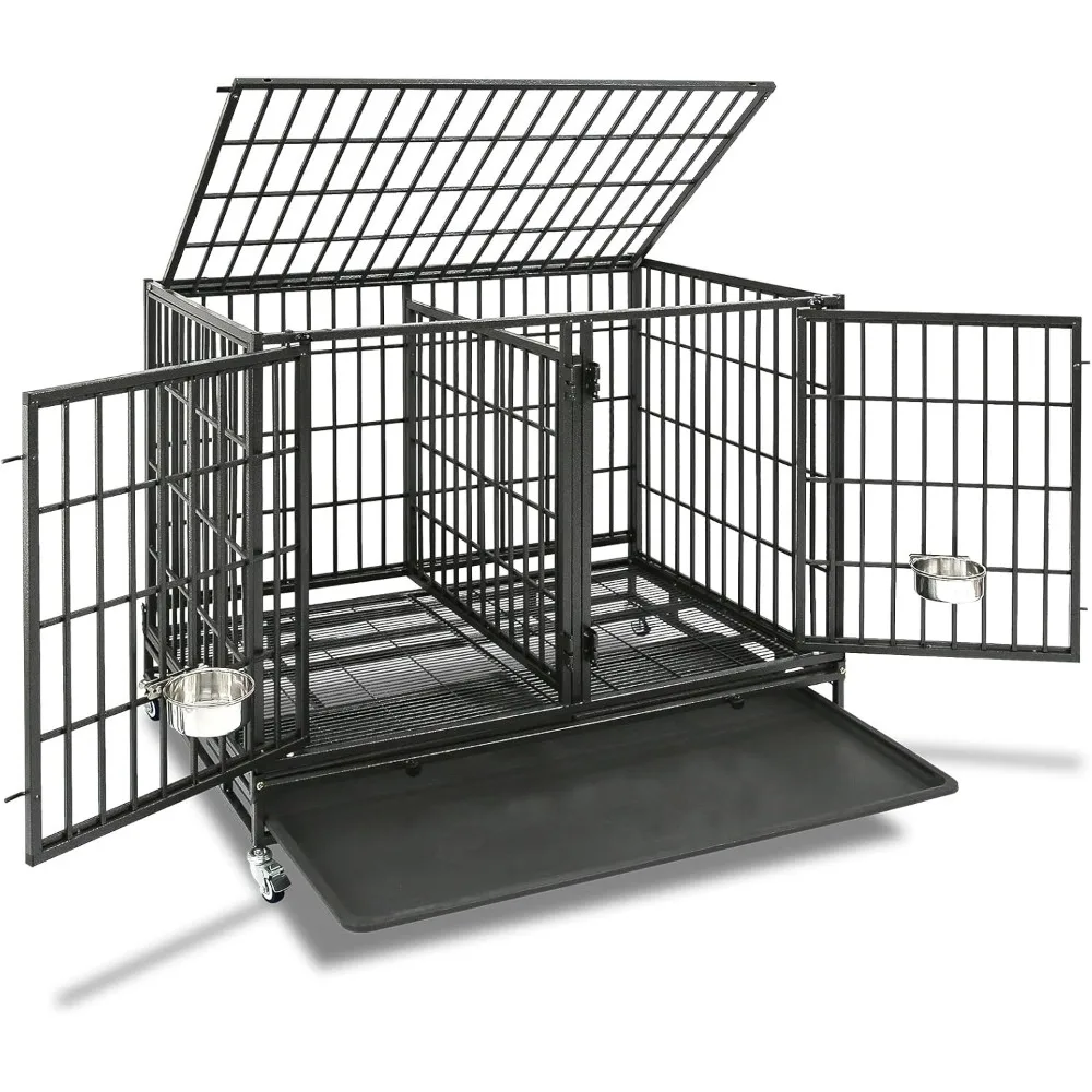 

43 inch Dog Crate Cage Kennel Indoor with Divider, 2X Steel Bowls, 4X Lockable Wheels, Tray, Heavy Duty Wire Dog Crates