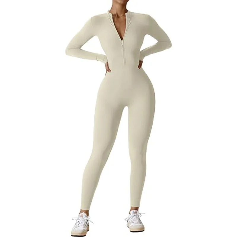 

Dimmkof Комбинезон из плотной ткани в рубчик с полной молнией Цельный облегающий комбинезон с длинным рукавом и V-образным вырезом на молнии Сексуальные комбинезоны с контролем живота Нижняя часть