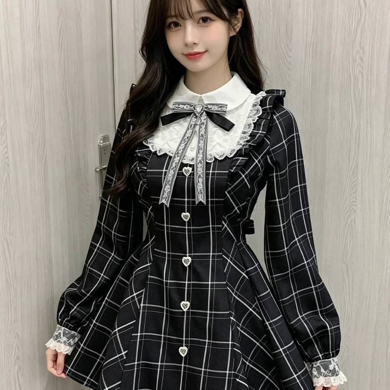 Y2K Aesthetic Jk Lolita Vestidos Japanese Kawaii Sweet Lace Patchwork Plaid Dress Women Fairy Grunge Ruffled Long Sleeve Dresses