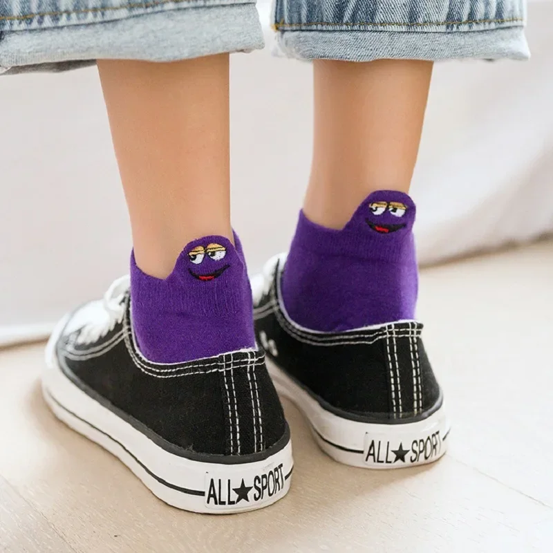 Size 35-42 Kawaii Women Socks Fashion Ankle Funny Socks Women Cotton Embroidered Expression Candy Color 4 Pairs