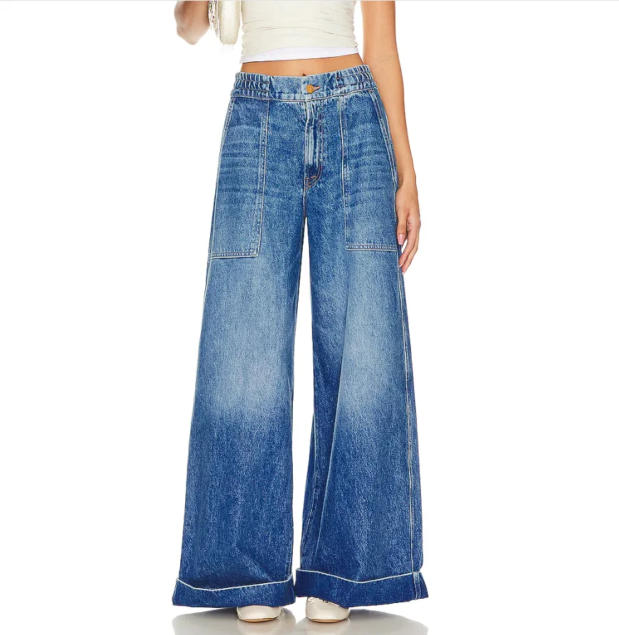 

Fashion wash blue half rubber tight waist large pocket fashion design for women casual loose comfortable wide-leg jeans