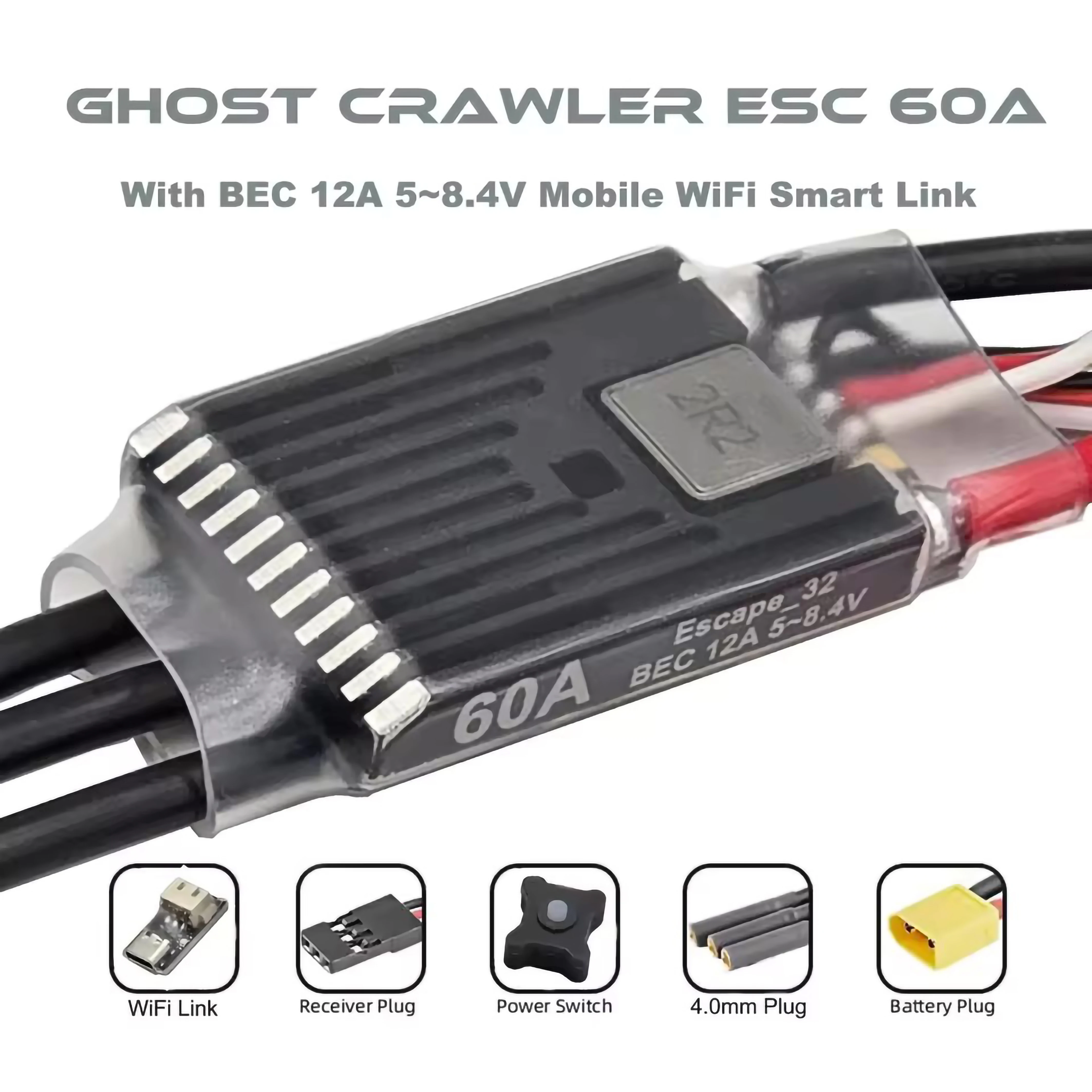 

GHOST 60A Crawler Brushless ESC With 12A BEC 5~8.4V adjustable With WiFi-Link for 1/10 Crawler Car,Climbing Car,Ship Model,Axial