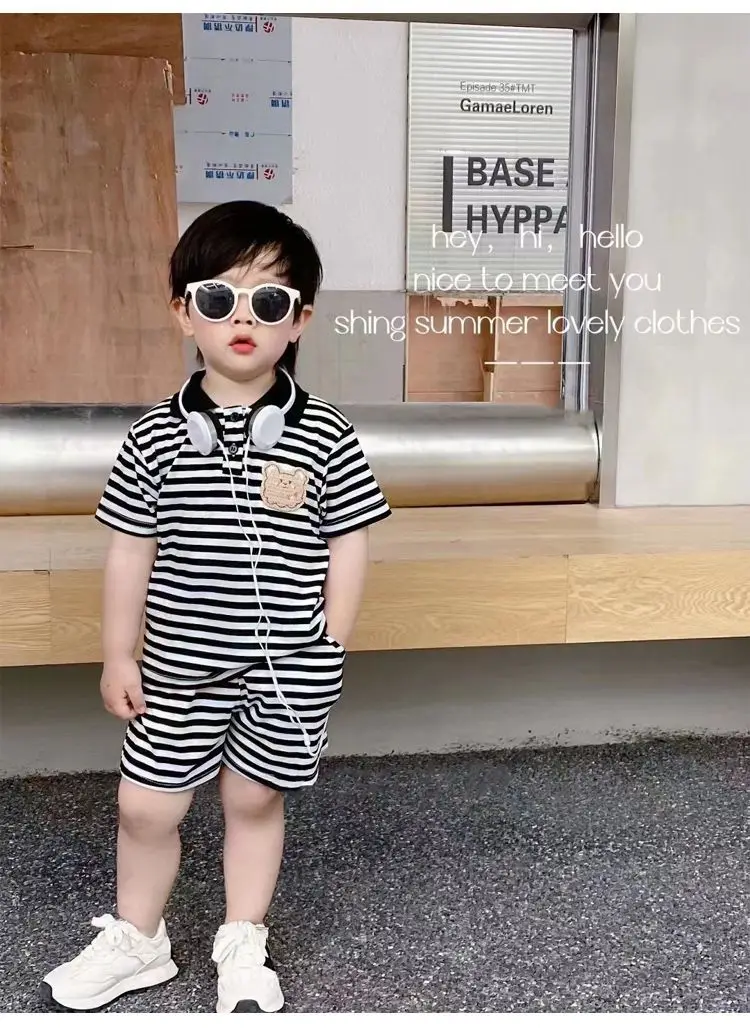 Baby boys clothes short sleeve suit suitable for children aged 0-5 Little girls clothing Fashion Stripe pattern suits kids cloth