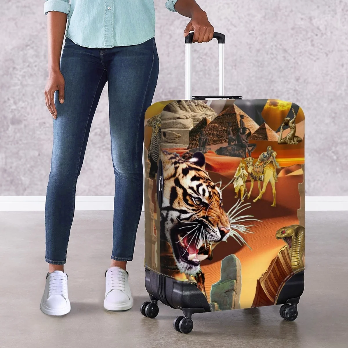 Egyptian Art Print Design Washable Luggage Cover Protector Durable Baggage Covers Suitable 18-32 Inch Suitcase Removeable