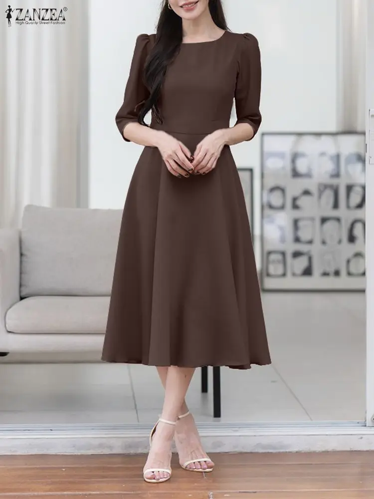 ZANZEA Elegantes Damen-Midikleid in einfarbiger A-Linie, lässig, O-Ausschnitt, 3/4-Ärmel, taillierte Taille, langes Kleid, Herbst-Pendlerkleidung, 3XL