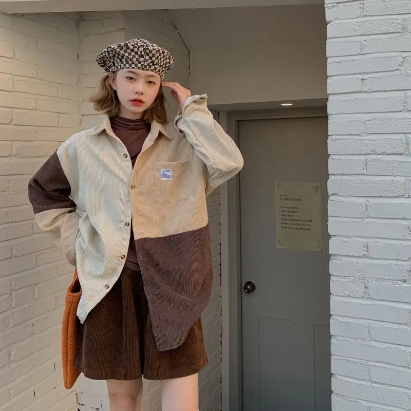 

Retro Color Block Long Sleeve Shirt Women Loose Design Spring Autumn Trendy Casual Style Button up Top Female Fashion