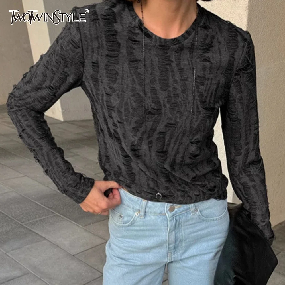 

TWOTWINSTYLE Solid Minimalist Loose T Shirt for Women O Neck Long Sleeve Temperament T Shirt Female Fashion New