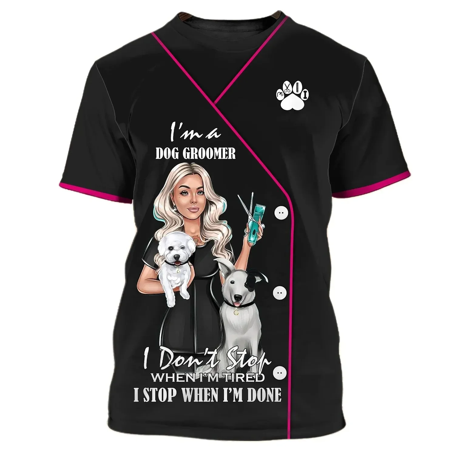 T-shirt à manches courtes et col rond pour femmes, T-shirt imprimé chien 3D, Chianimaux de compagnie, Coupe de cheveux, Uniforme, Tendance de la rue, Chemises décontractées, Y-adt, Drôle