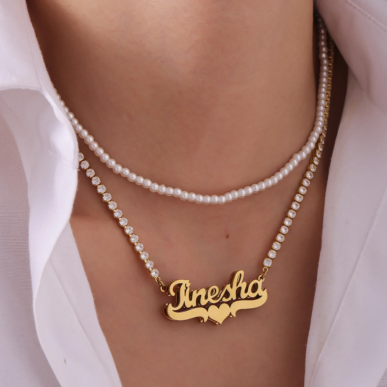 

Custom Name Necklace Set 18K Gold Plated Zircon Chain Stackable Freshwater Pearl Anniversary Gift for Her 2025 Trend Jewelry