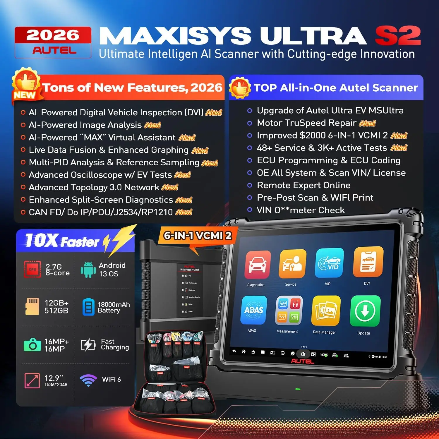 Autel MaxiSys Ultra S2 Car Diagnostic Tool Auto VIN Automotive Scanner 6-in-1 VCMI2 ECU Programming Topology 3.0 Intelligent Motor Truspeed Repair 2 Years Free Update