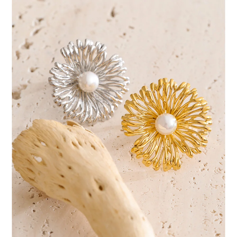 Yhpup Trendy Stainless Steel Pearl Flower Adjustable Ring Gold & Platinum Plated Stylish Unique Finger Jewelry Accessories Gift