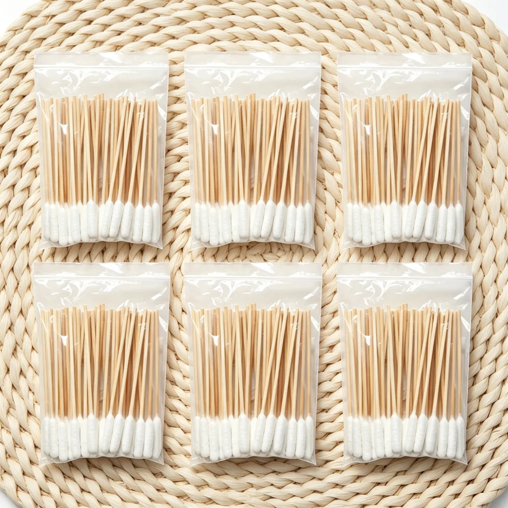 15cm Long Cotton Swabs,Single Round Cylindrical Cotton Tips Natural Wooden Stick Disposable Cotton Buds for Makeup,Household Use