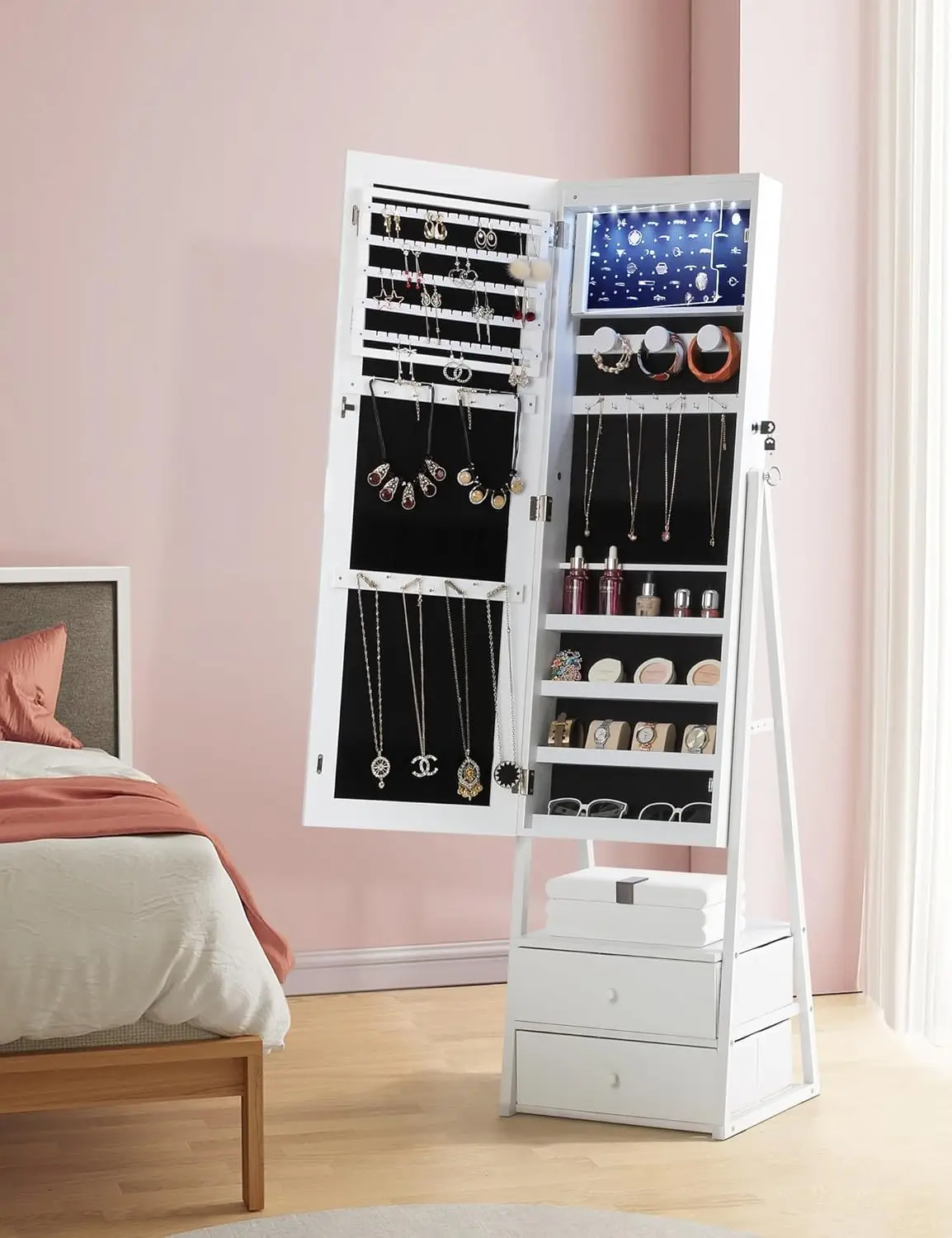 Lockable Vertical Jewelry Mirror Cabinet with 2 Drawers, Full Mirror with Jewelry Storage