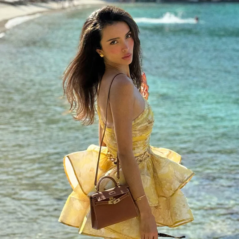 

Single Shoulder Hollow Out Dresses Woman Pleated Printed Sleeveless Short Dress Elegant Fashion Summer Women's Fluffy Mini Dress
