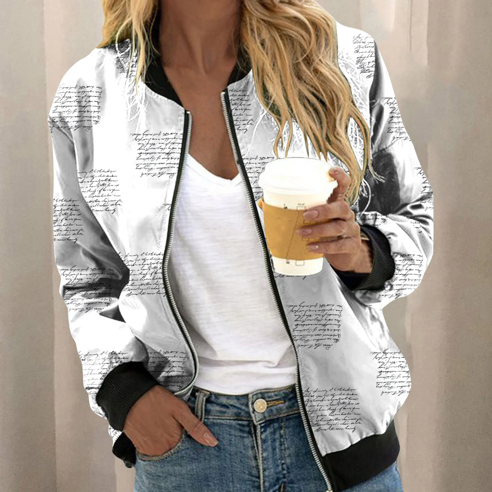 

Women Elegant Zipper Bomber Jacket Spring Autumn Floral Printed Jackets Office Wear Slim Office Coat Retro Outwear Streetwear