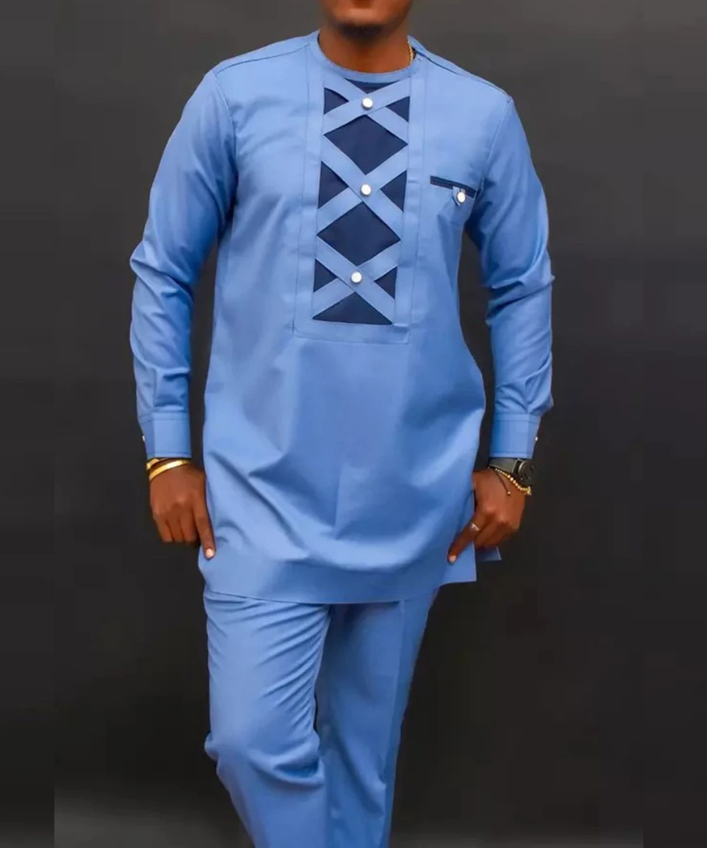 African Men 2024 Summer Outfits Two Piece Set Round Collar Long Sleeve Top Pants Suit Simple Africa Traditional Gentleman