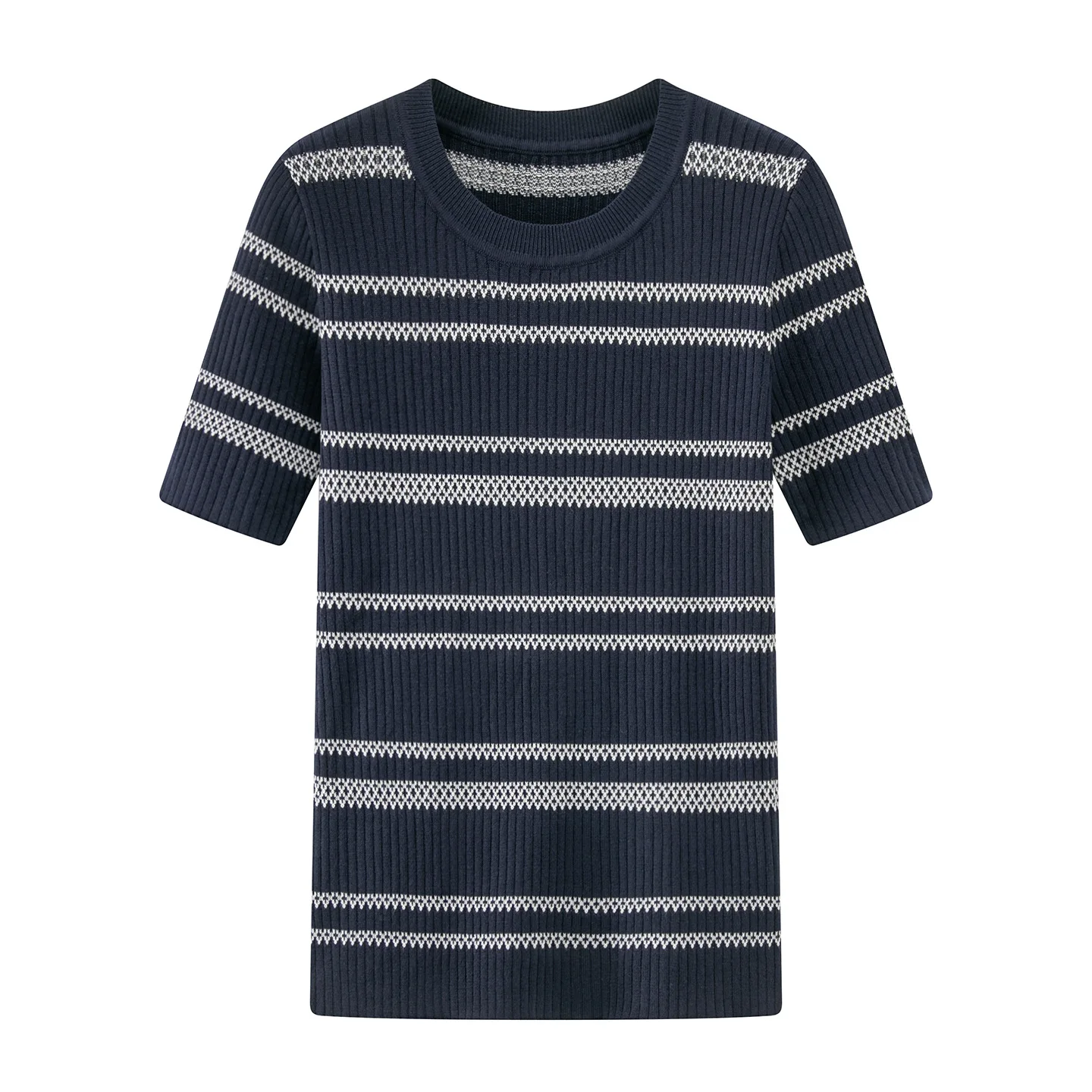 Dave&Di Color Blocking Striped Knitted Shirt Short Sleeved 2026 Summer New Style Temperament Commuting Slim Fit T-shirt