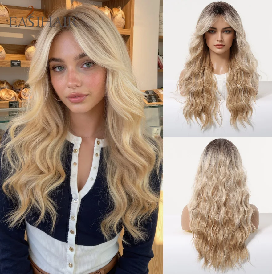 EASIHAIR Ombre Blonde synthetische Perücken für Frauen, lange, natürliche Wellenperücken mit Pony und dunklen Wurzeln, natürliches gewelltes Haar, tägliches Cosplay
