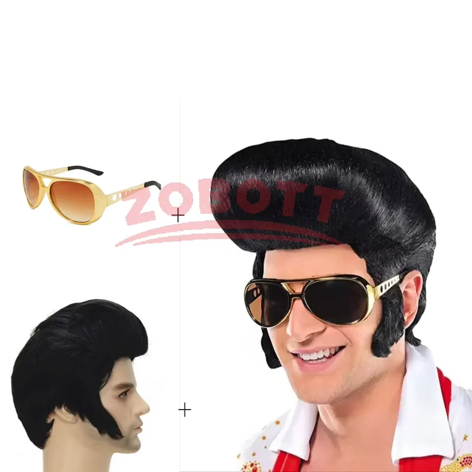 

Hot selling spot Elvis wig glasses new male rock singer Elvis Cosplay wig Elvis black heat-resistant synthetic hair party wig