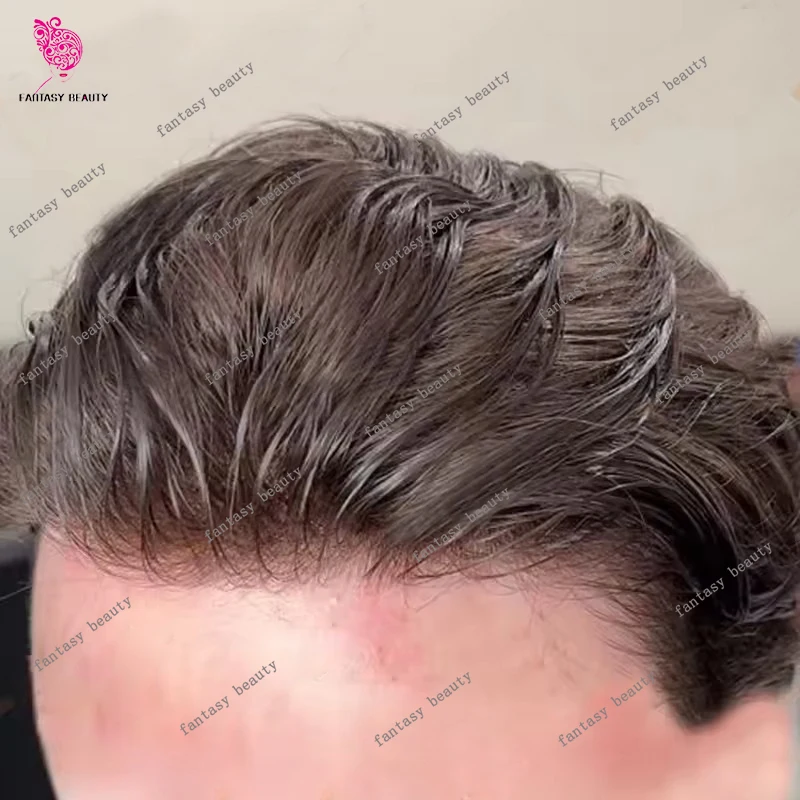 

Темно-коричневые мягкие человеческие волосы, мужская система замены, 30 мм, волна, естественная линия волос, дешевые 0,1 мм, инъекционная основа кожи, парик, серые парики