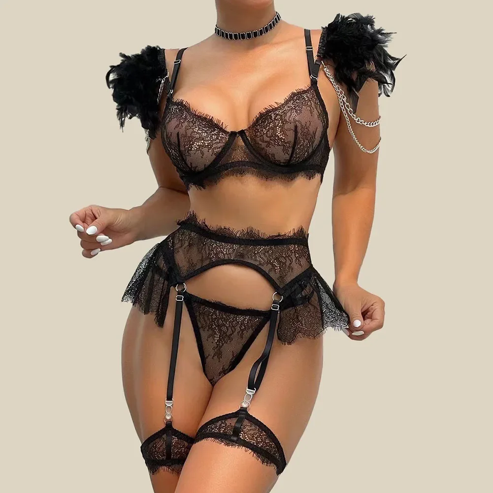 Sexy Lingerie Set Women 4-Piece Choker Off Shoulder Lace Temptation Garter Brief Kit Female Erotic Underwear