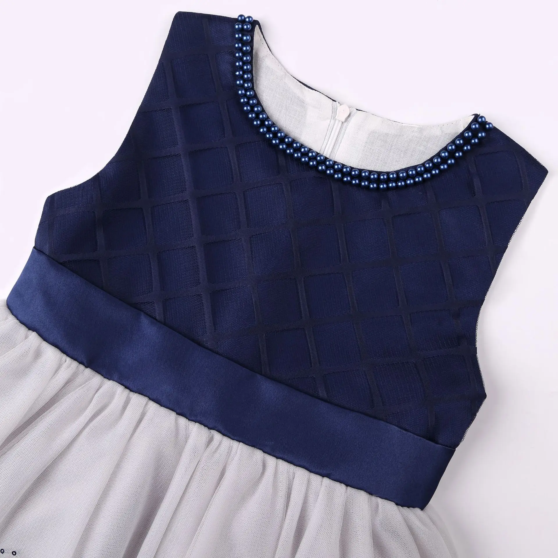 Hetiso Blue Beading Collar Sequined Flower Tulle Ribbon Plaid Sleeveless Baby Girl Dress Girls Summer Clothes robe princesse