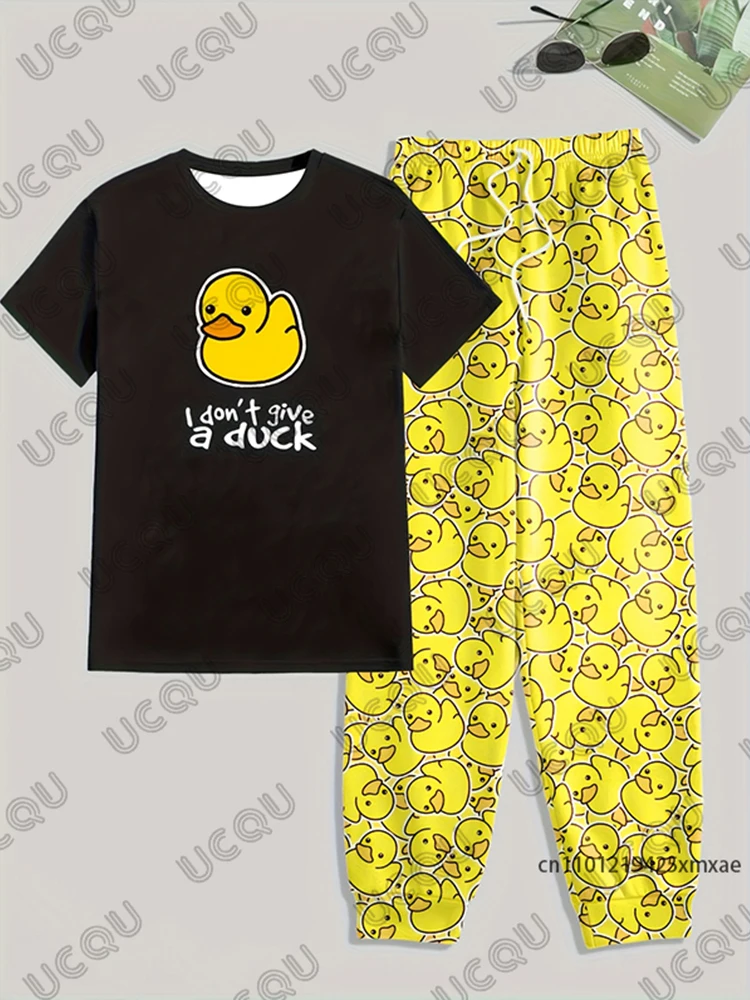 

Summer Men's Trousers Tracksuit 2 Piece Set Yellow Duck Print Jogger Sportswear Short Sleeve T-Shirt+Long Pants Casual Clothes