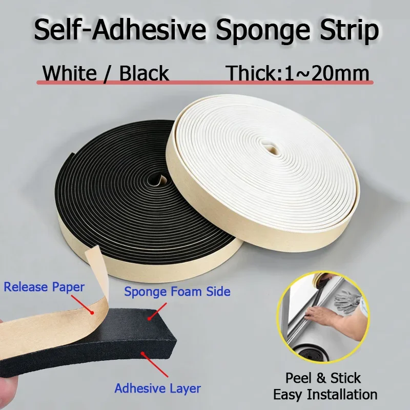 10M Strong Adhesion EVA Black Sponge Strip  Anti-collision Seal Strip Thick 1/2/3/4/5/6/8/10mm Foam Sound Insulation Strip