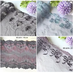 1Yard Mesh Embroidery Lace Item, Grey Flowers, Handmade DIY Garment, Needlework Sewing Fabric, Clothing Accessories,