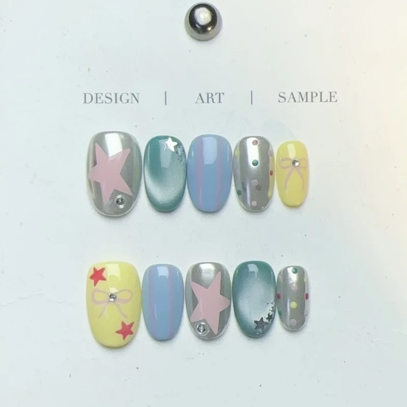 10PCS Short Round Handmade Press on Nails Pink Star Bow Sweet Cool Metallic Silver Oval False Nails Ins Polka Dots Cat Eye Nails