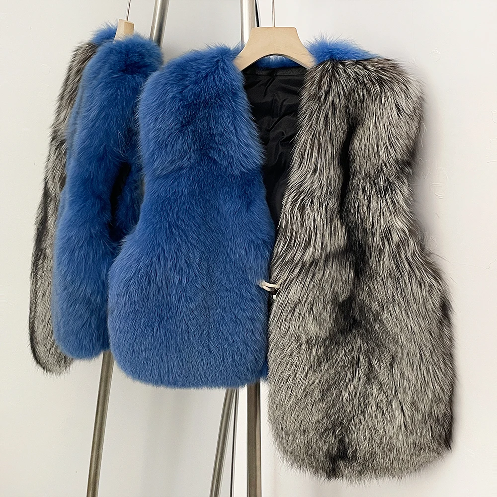 

Reality Fur Vest Warm Natural Fur Jacket Female Color Matching Fox Fur Coat Sleeveless Real Raccoon Fur Waistcoat Fashion Thick