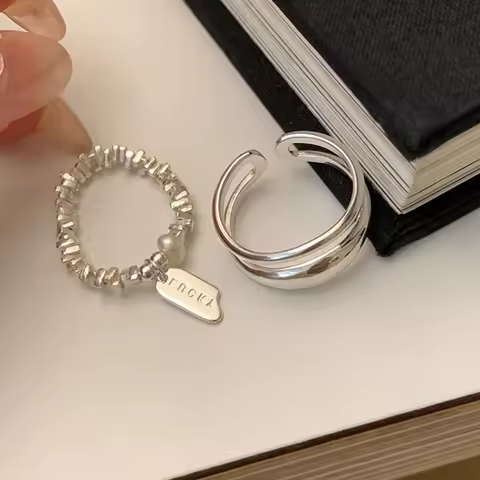 Vintage 925 Silver-Plated Layered Broken Silver Ring Adjustable Statement Jewelry Party Birthday Gift for Women